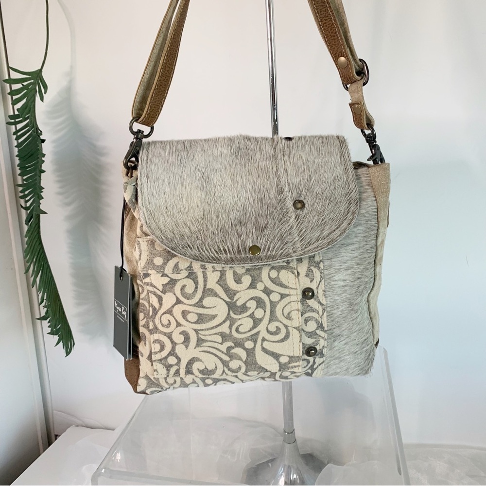 Myra Bag Factual Upcycled Canvas & Cowhide Messenger Bag S-1487 - Picture 2 of 6